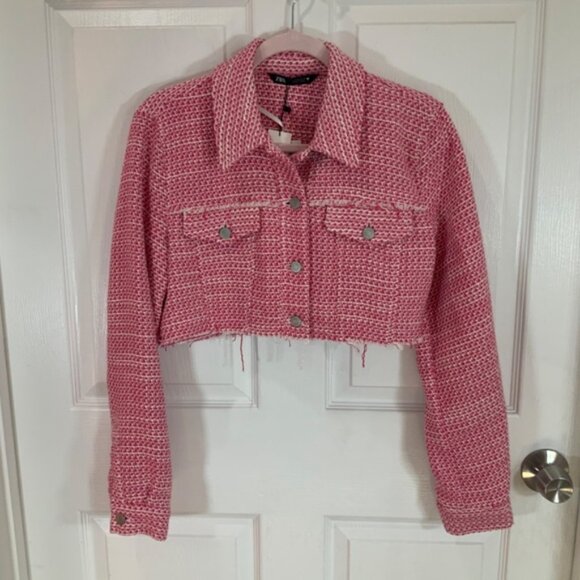Zara Cropped Tweed Lightweight Spring Long Sleeve Pink Blazer Size Medium - Picture 4 of 9